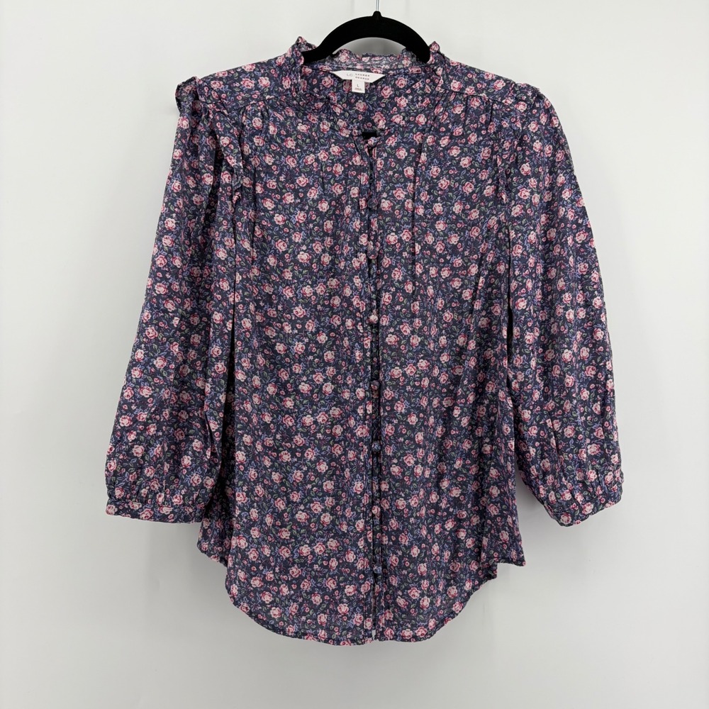 LC Lauren Conrad Womens Purple Pink Floral Ruffle Button Front Blouse Large